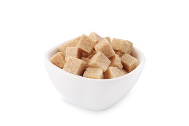 Bowl of brown sugar cubes isolated on white