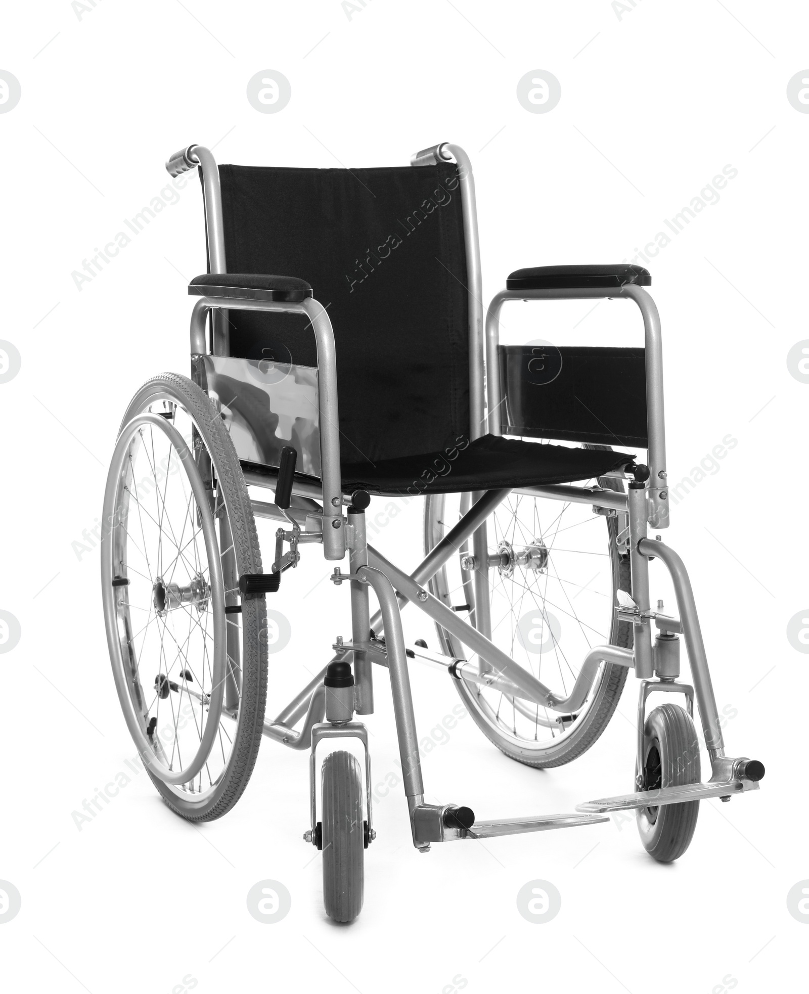 Photo of New modern empty wheelchair on white background