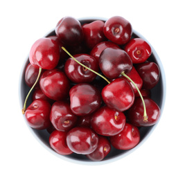 Photo of Tasty ripe red cherries in bowl isolated on white, top view