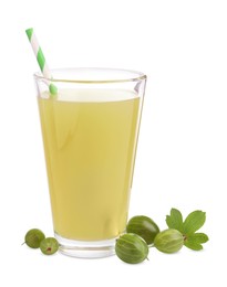 Tasty gooseberry juice in glass and fresh berries isolated on white