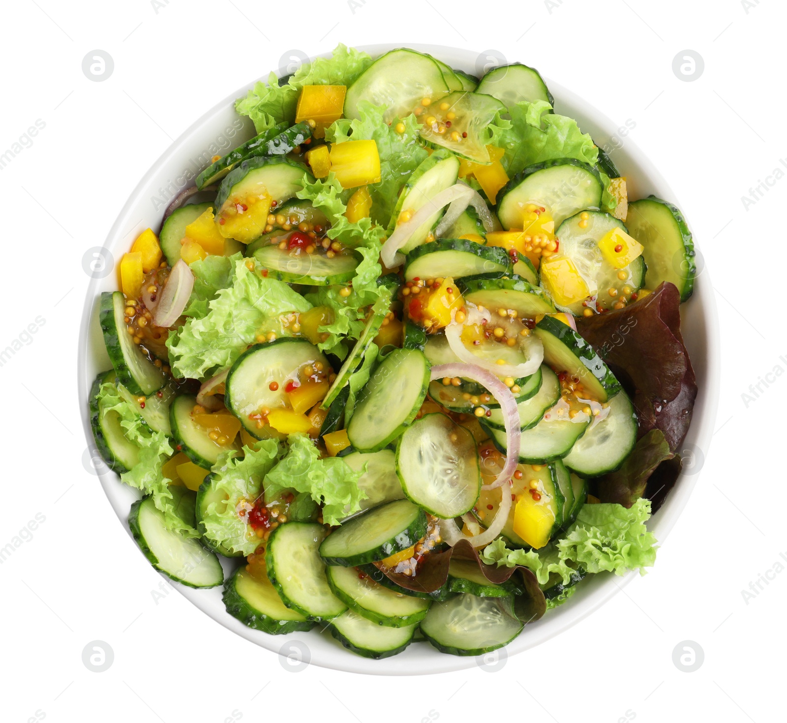 Photo of Bowl of delicious cucumber salad isolated on white, top view