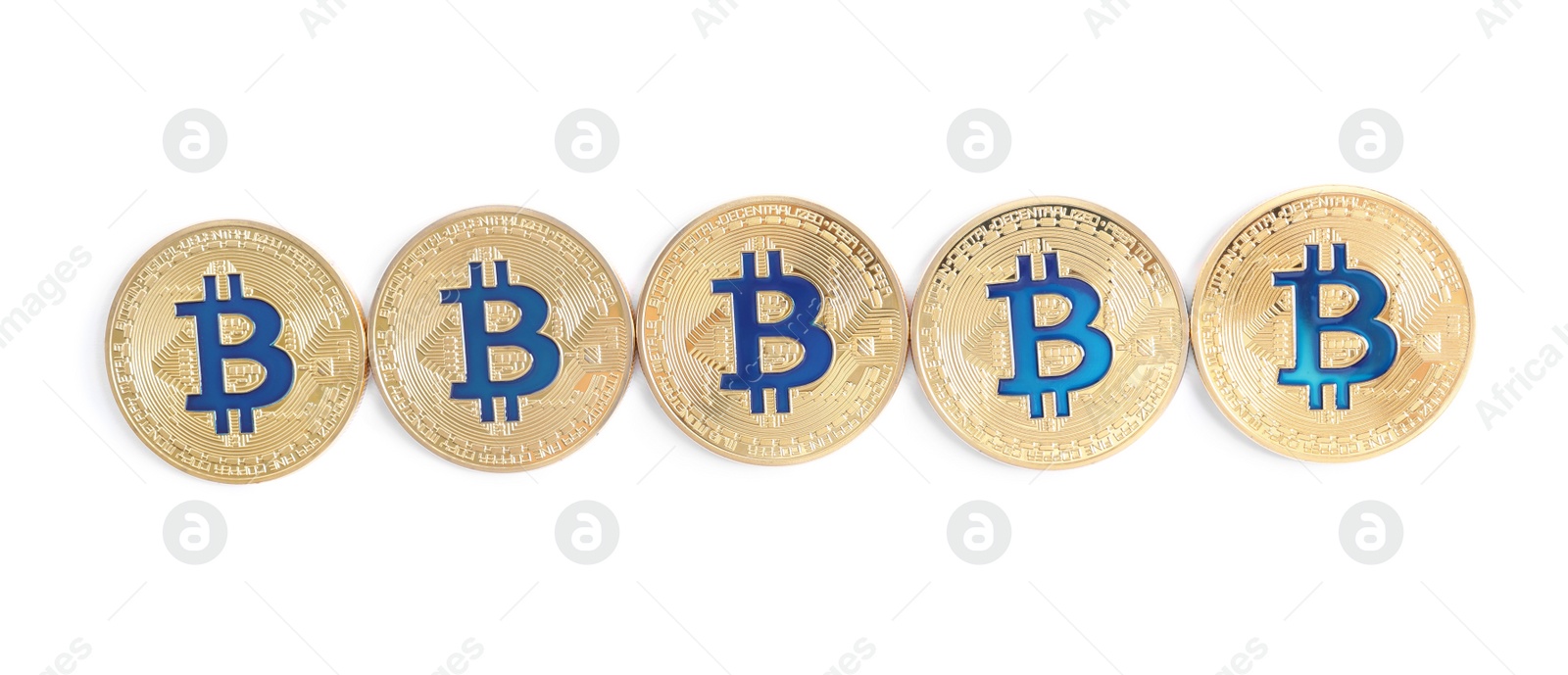 Photo of Bitcoins isolated on white, top view. Digital currency