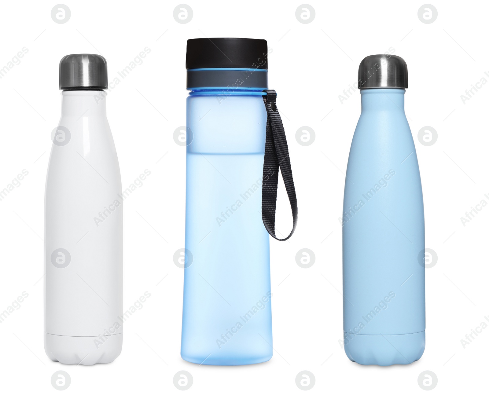 Image of Set with stylish closed thermo bottles on white background