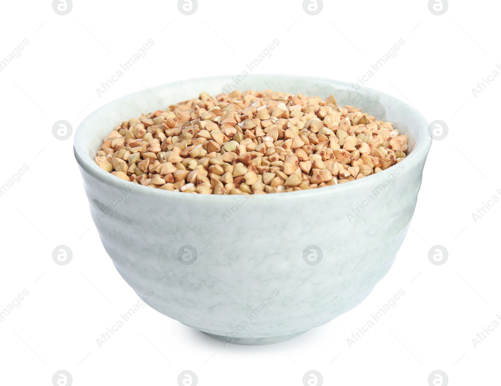 Photo of Green buckwheat in bowl isolated on white