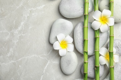 Photo of Bamboo branches, spa stones and flowers on gray background, top view. Space for text