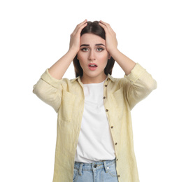 Photo of Portrait of emotional young woman on white background
