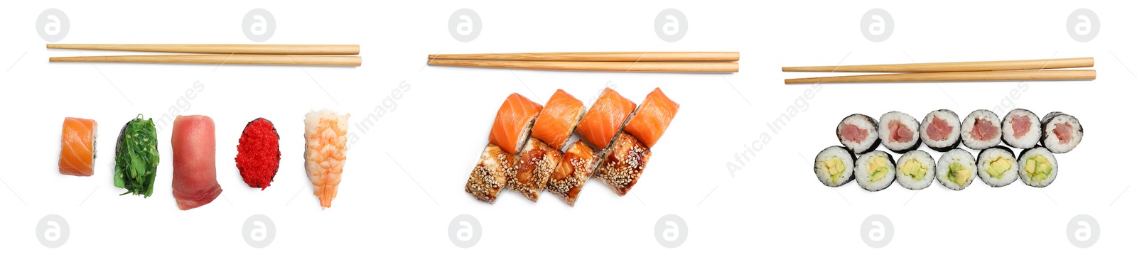 Image of Set with different delicious sushi and rolls on white background, top view