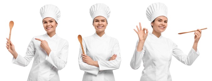 Chef in uniform holding wooden spoon on white background, set with photos