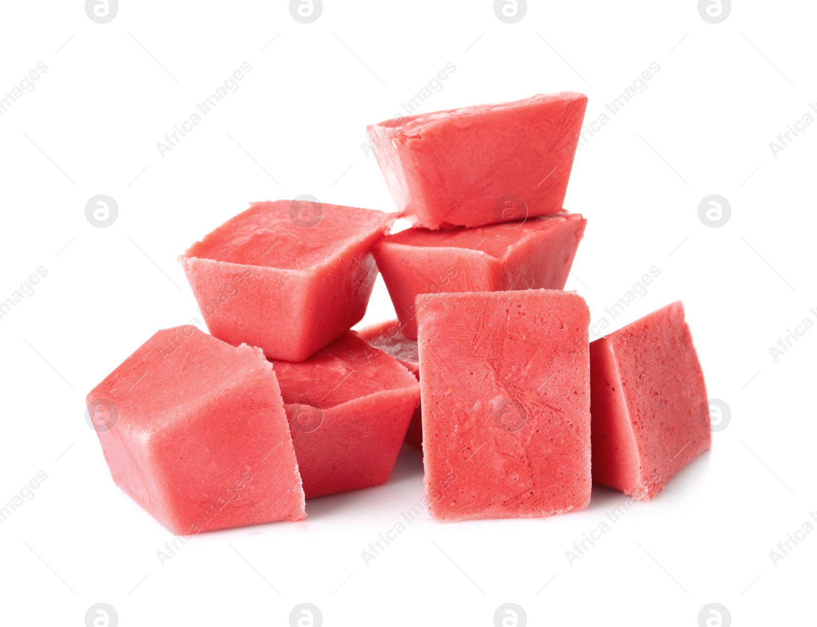 Photo of Tasty berry ice cubes on white background