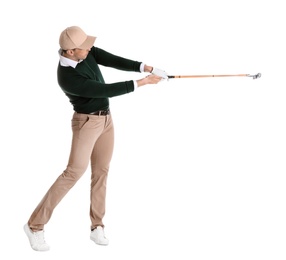 Photo of Young man playing golf on white background