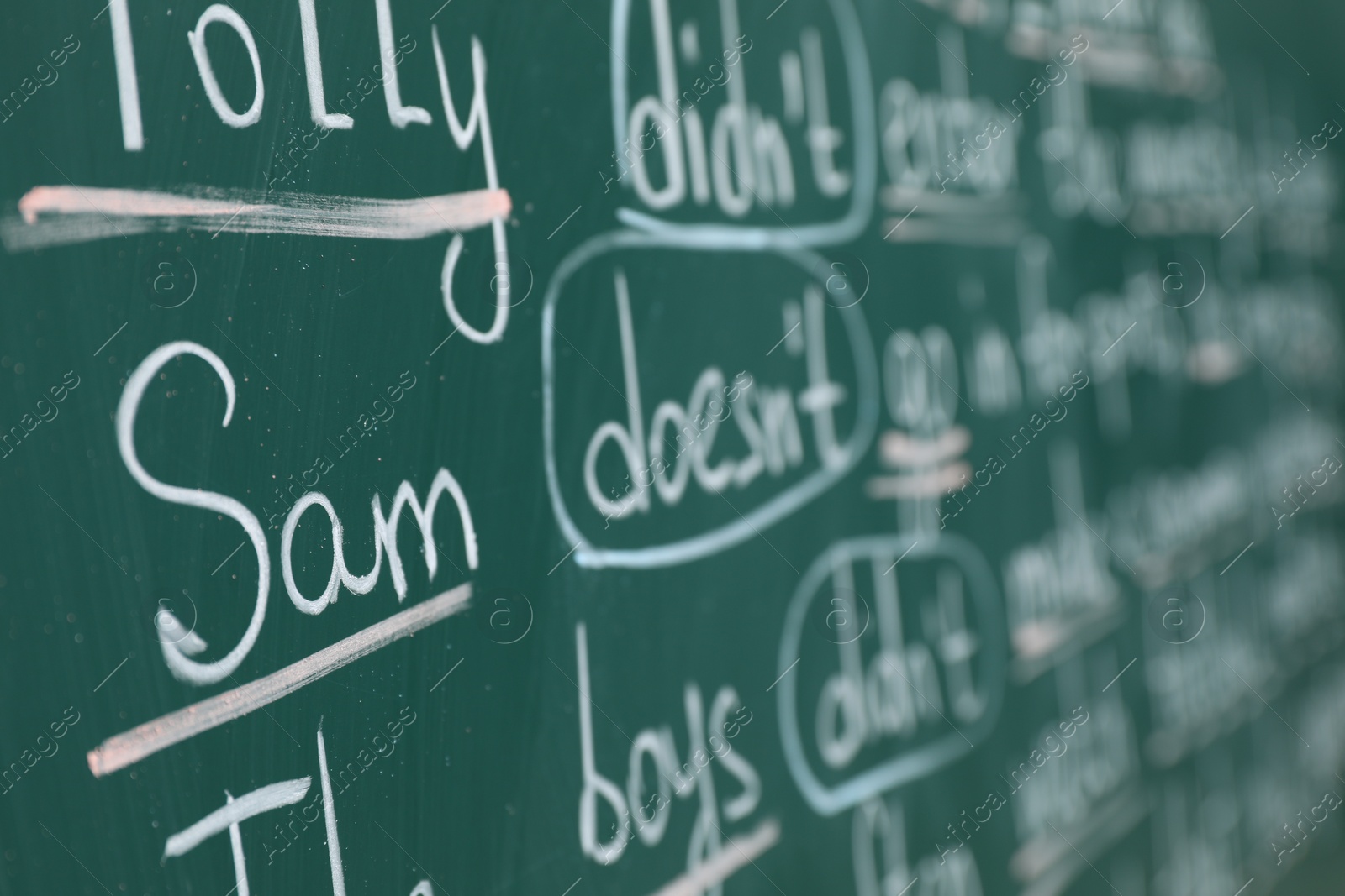 Photo of English grammar rules written with chalk on green board, closeup