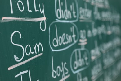 English grammar rules written with chalk on green board, closeup