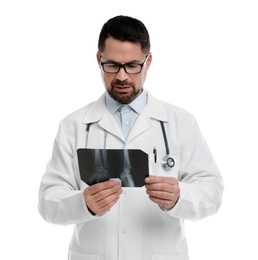 Orthopedist holding X-ray picture on white background