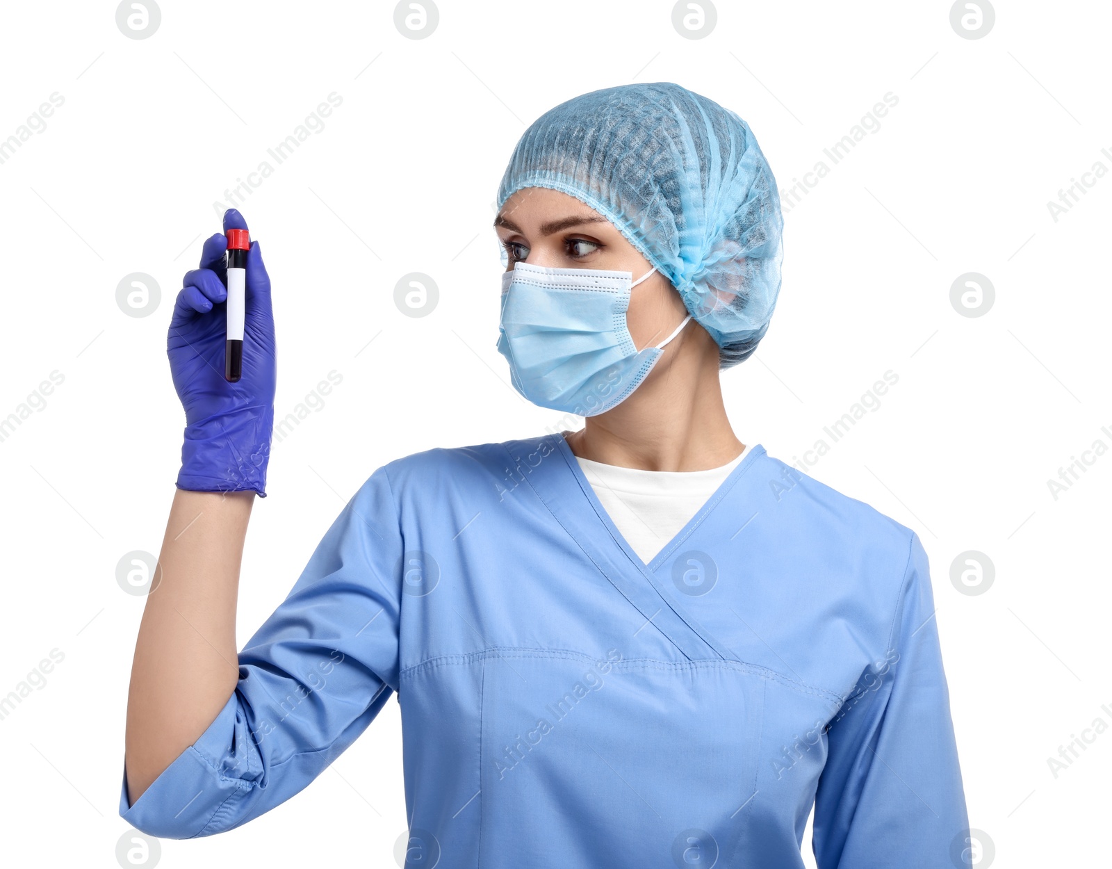 Photo of Laboratory testing. Doctor with blood sample in tube on white background