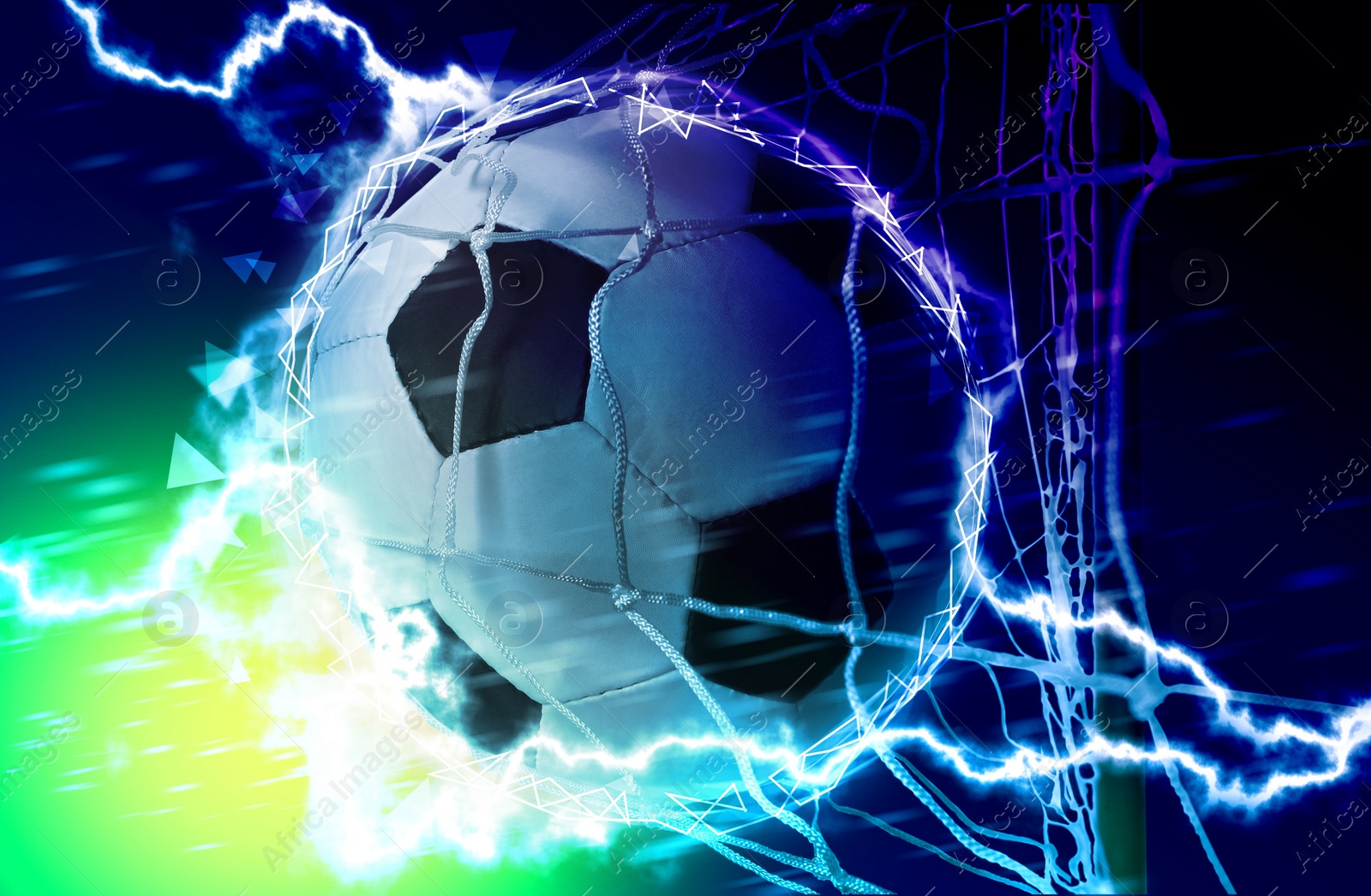 Image of Soccer ball in net and electrical discharge on color background