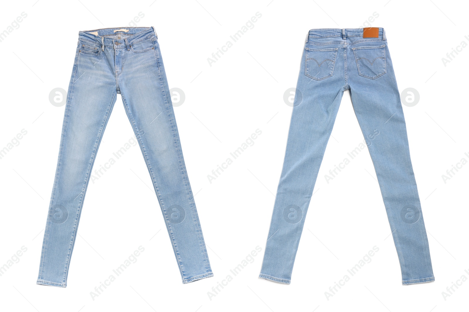 Image of Collage with jeans isolated on white, back and front views