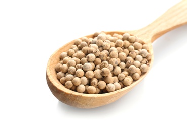 Wooden spoon with pepper grains on white background