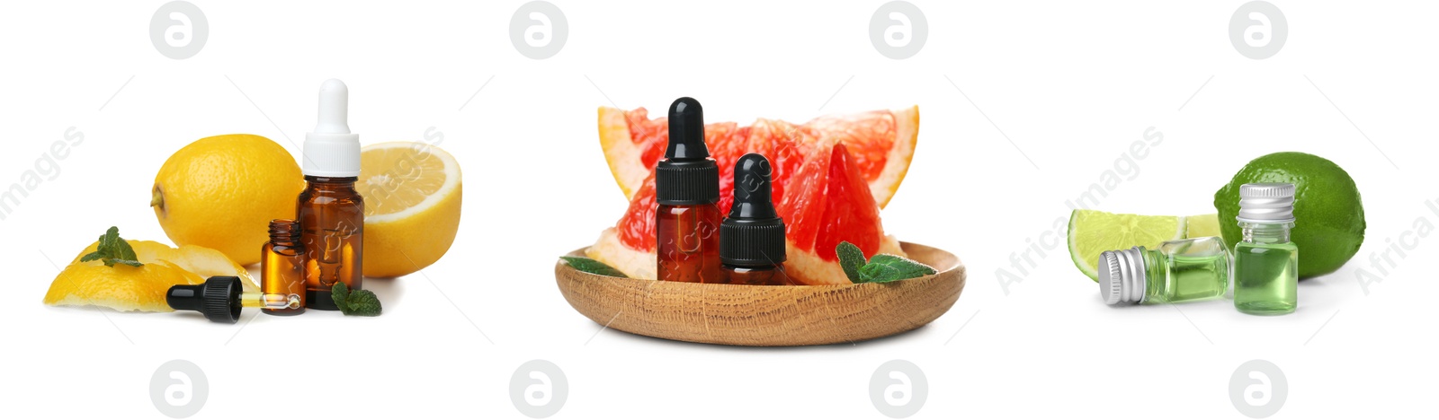 Image of Set with bottles of essential oils and fresh citruses on white background. Banner design