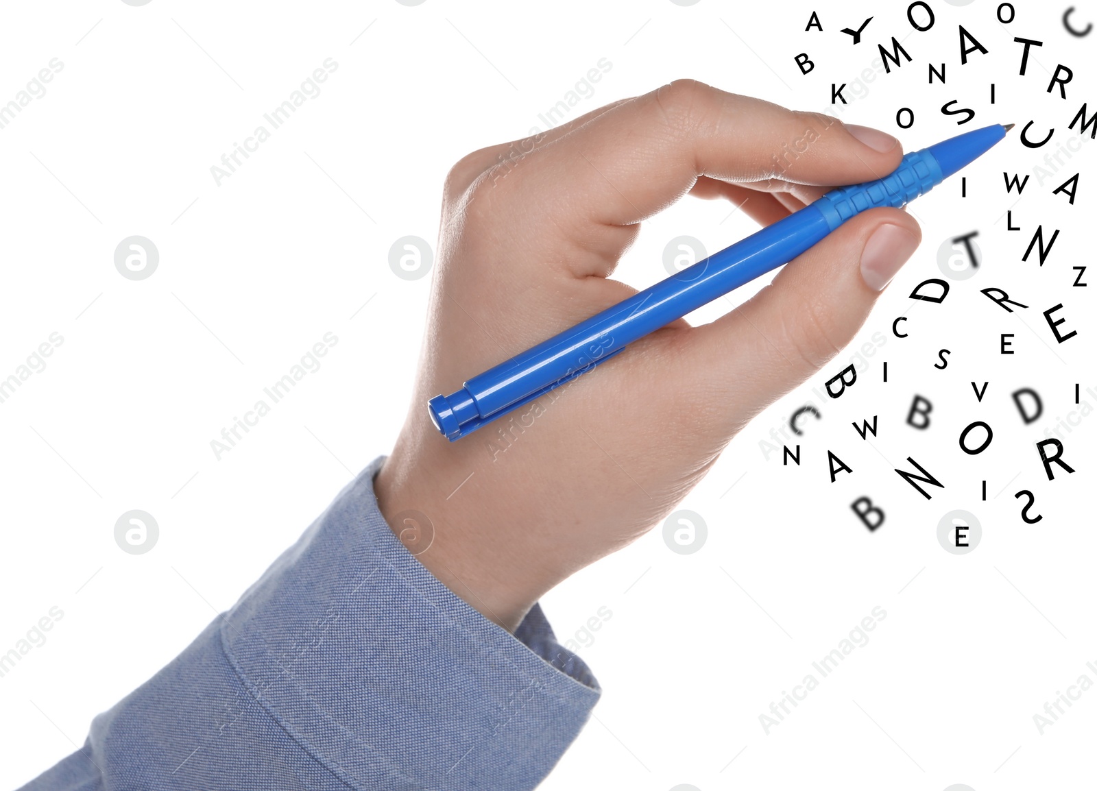 Image of Man writing letters and they flying away on white background, closeup