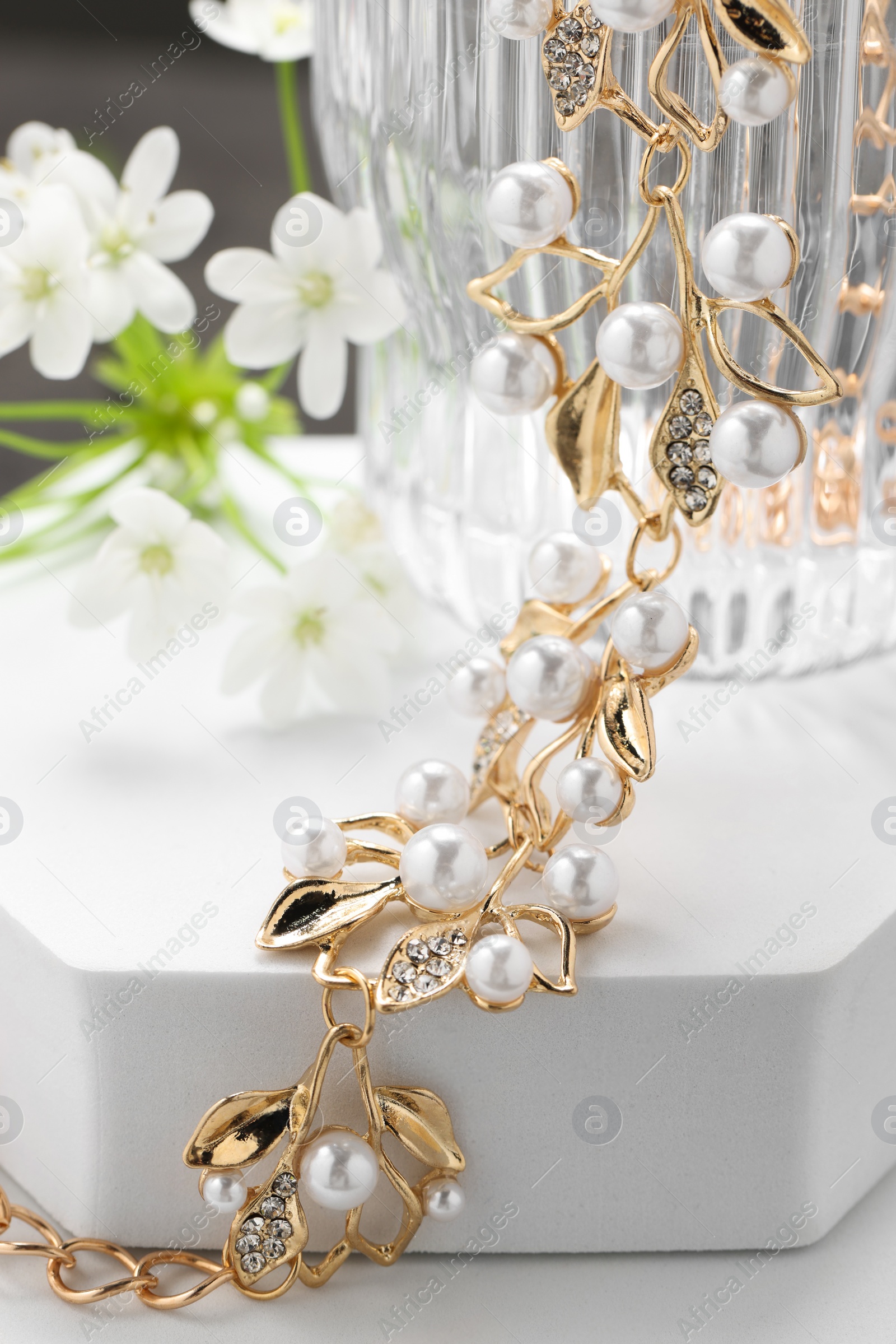 Photo of Beautiful necklace on white background. Luxury jewelry