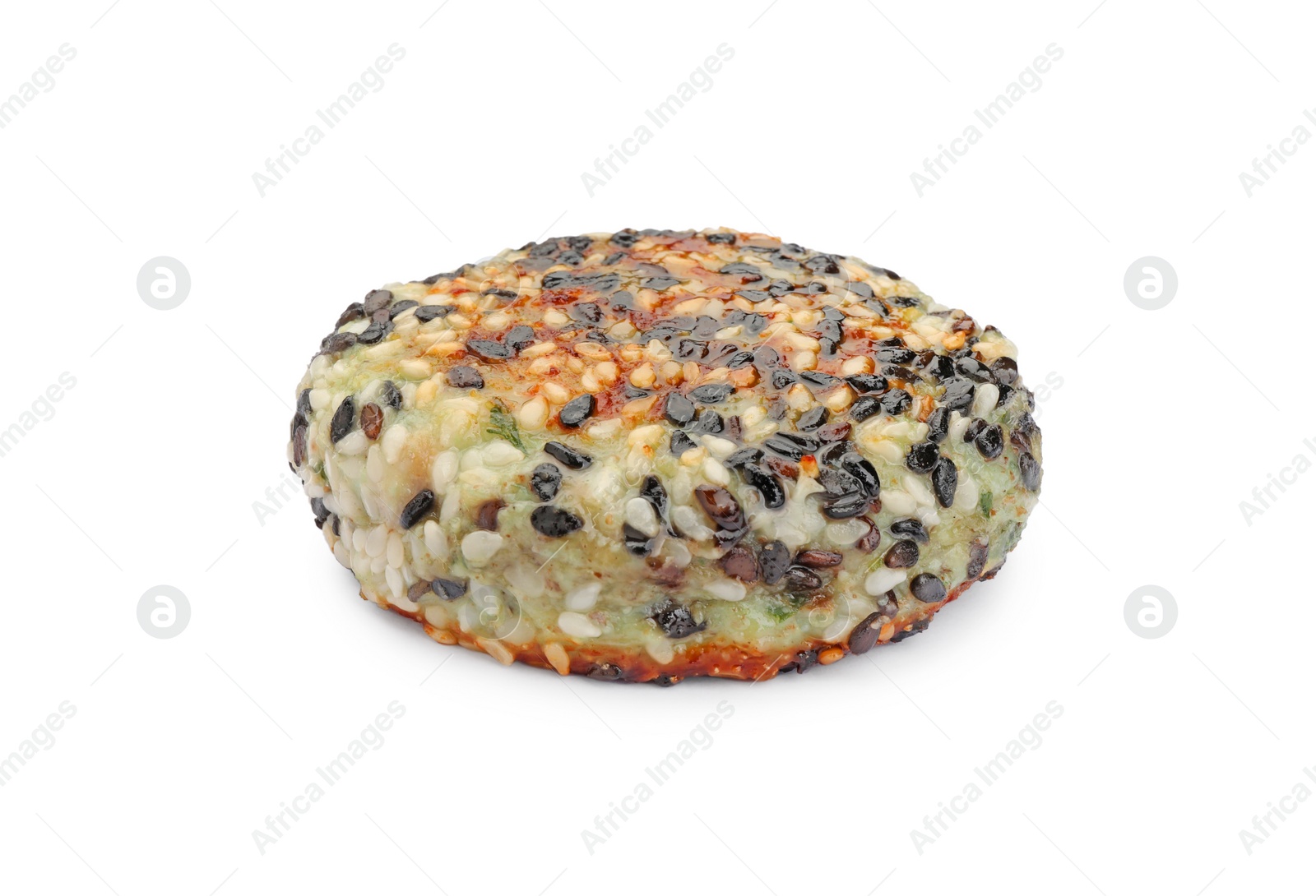 Photo of Tasty vegan cutlet with sesame isolated on white