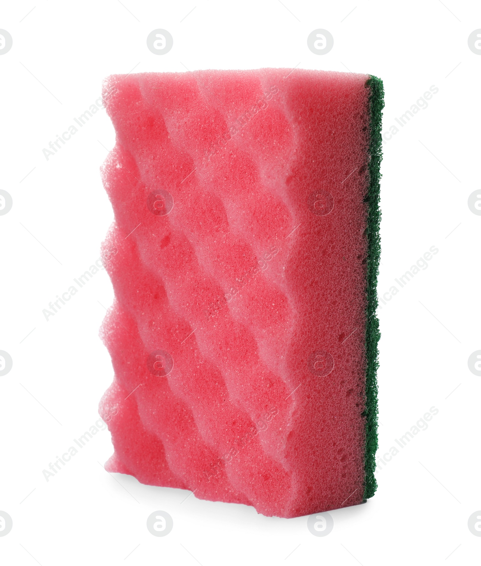 Photo of Pink cleaning sponge with abrasive green scourer isolated on white