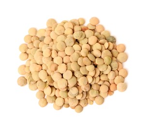 Photo of Pile of raw lentils on white background, top view. Vegetable planting