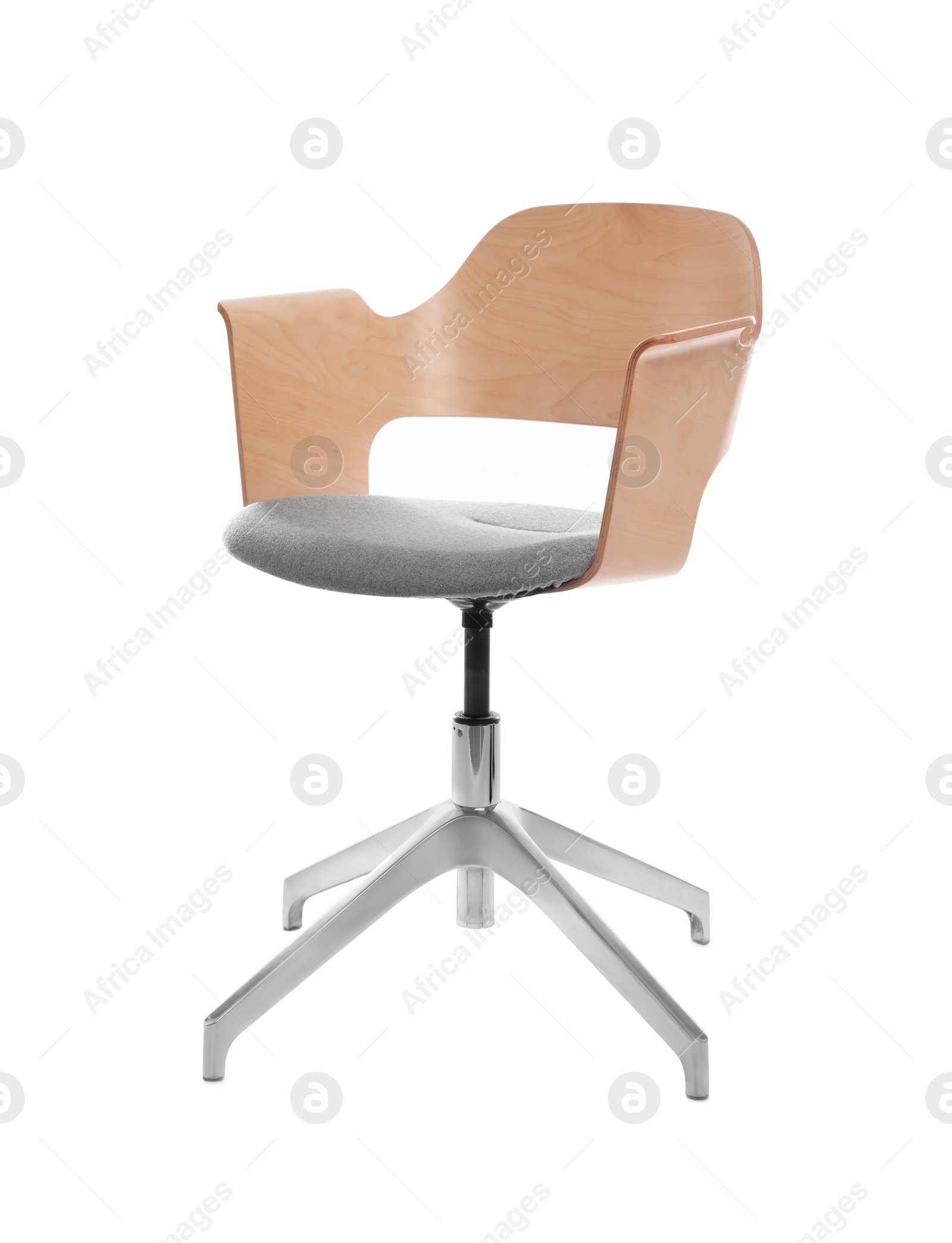 Photo of Comfortable office chair with wooden back isolated on white