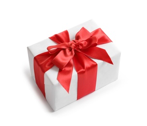 Photo of Beautifully wrapped gift box on white background