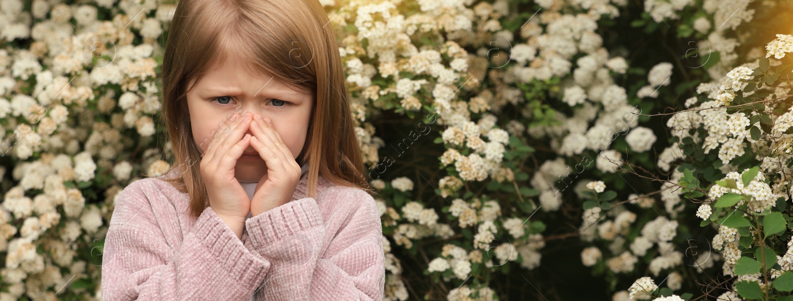 Image of Little girl suffering from seasonal pollen allergy near blossoming tree on spring day. Banner design with space for text