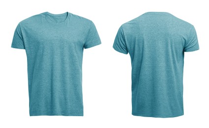 Image of Front and back views of light blue men's t-shirt on white background. Mockup for design