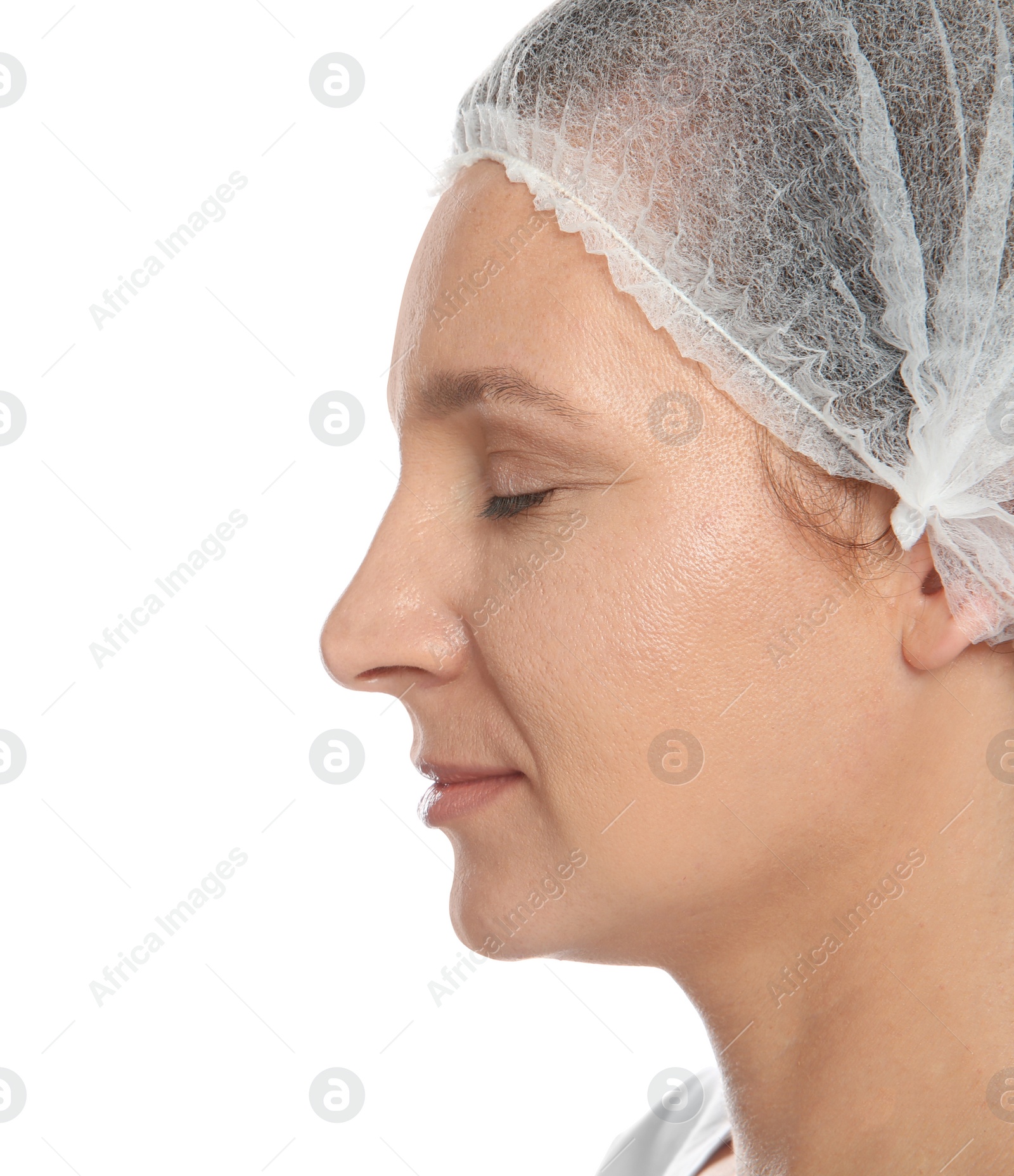 Photo of Portrait of mature woman preparing for cosmetic surgery on white background. Space for text