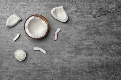 Photo of Composition with coconut oil on table, top view. Healthy cooking