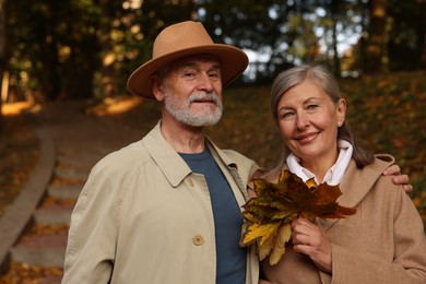 Photo of Portrait of affectionate senior couple with dry leaves in autumn park