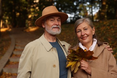 Portrait of affectionate senior couple with dry leaves in autumn park