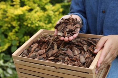 Woman holding wooden box with bark chips in garden, closeup
