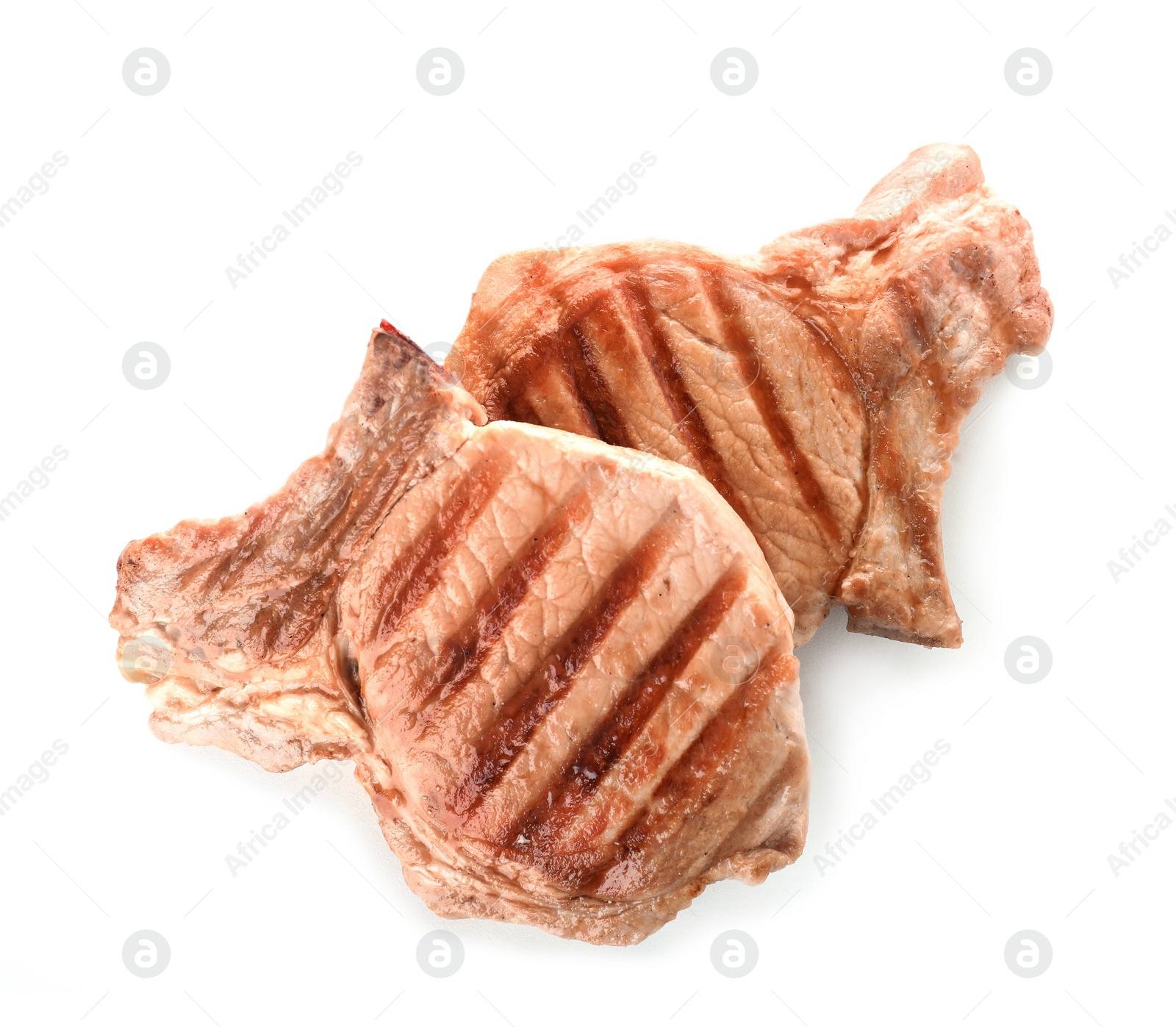 Photo of Delicious grilled meat on white background, top view