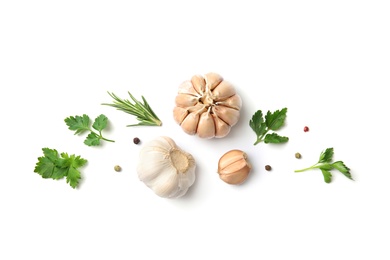 Photo of Flat lay composition with green parsley, pepper and garlic on white background