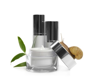 Snail, cosmetic products and green leaves isolated in white
