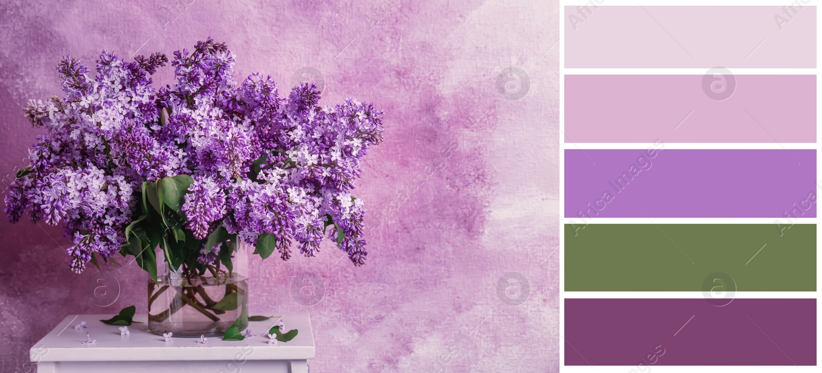 Image of Color palette appropriate to photo of vase with blossoming lilac flowers on table