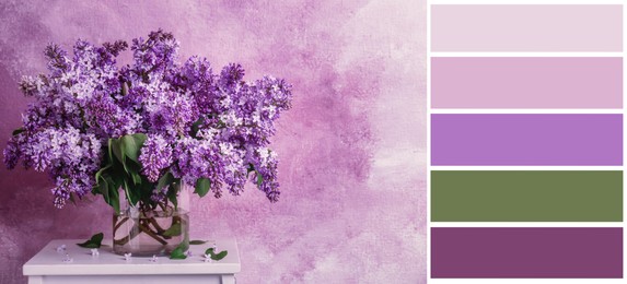 Image of Color palette appropriate to photo of vase with blossoming lilac flowers on table