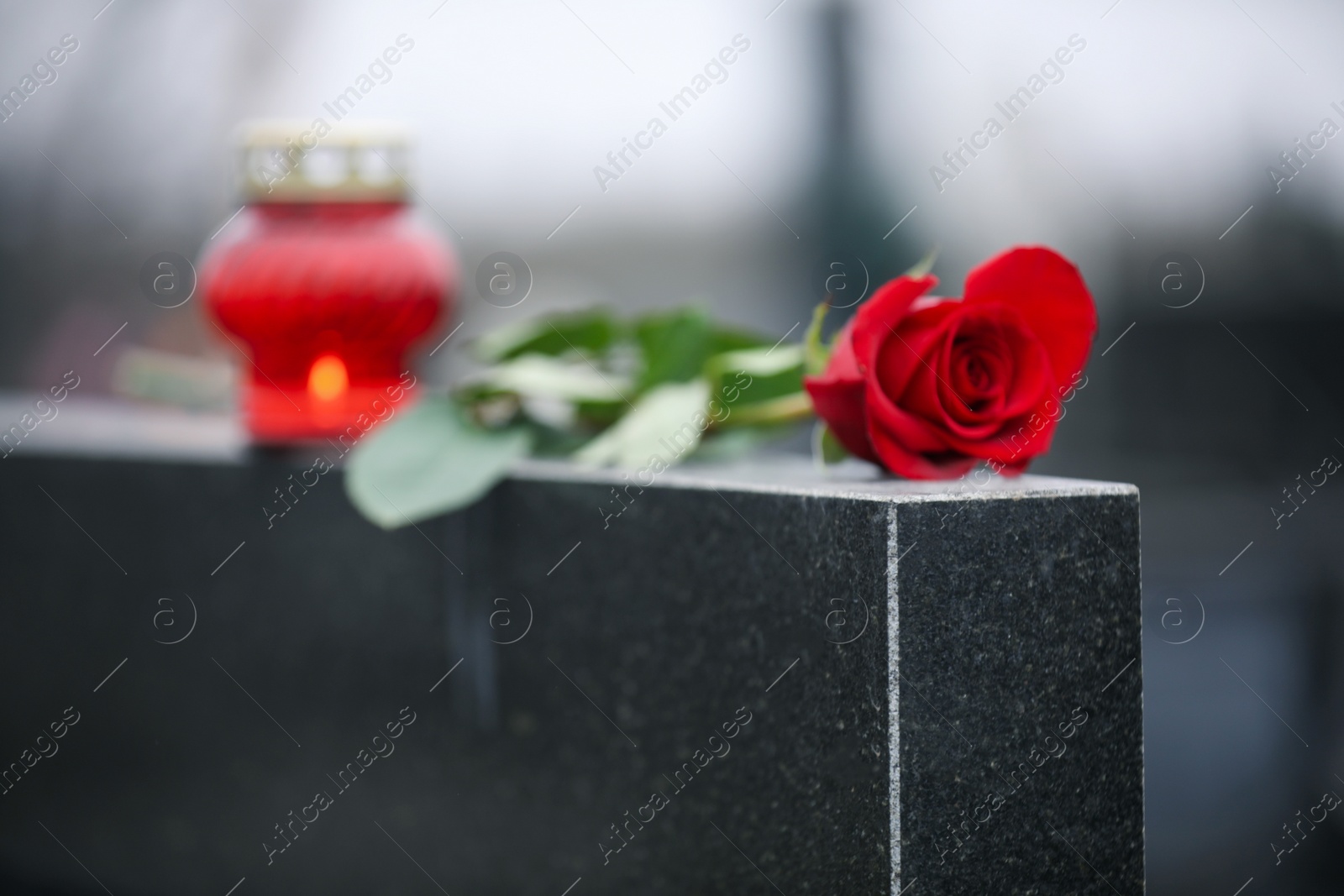 Photo of Red rose and candle on black granite tombstone outdoors. Funeral ceremony