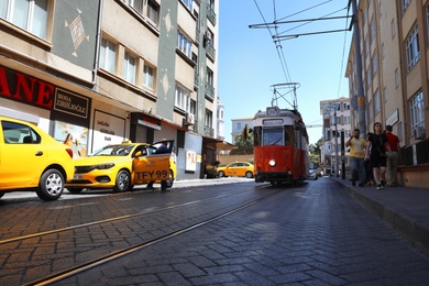 ISTANBUL, TURKEY - AUGUST 11, 2019: Old tram on city street