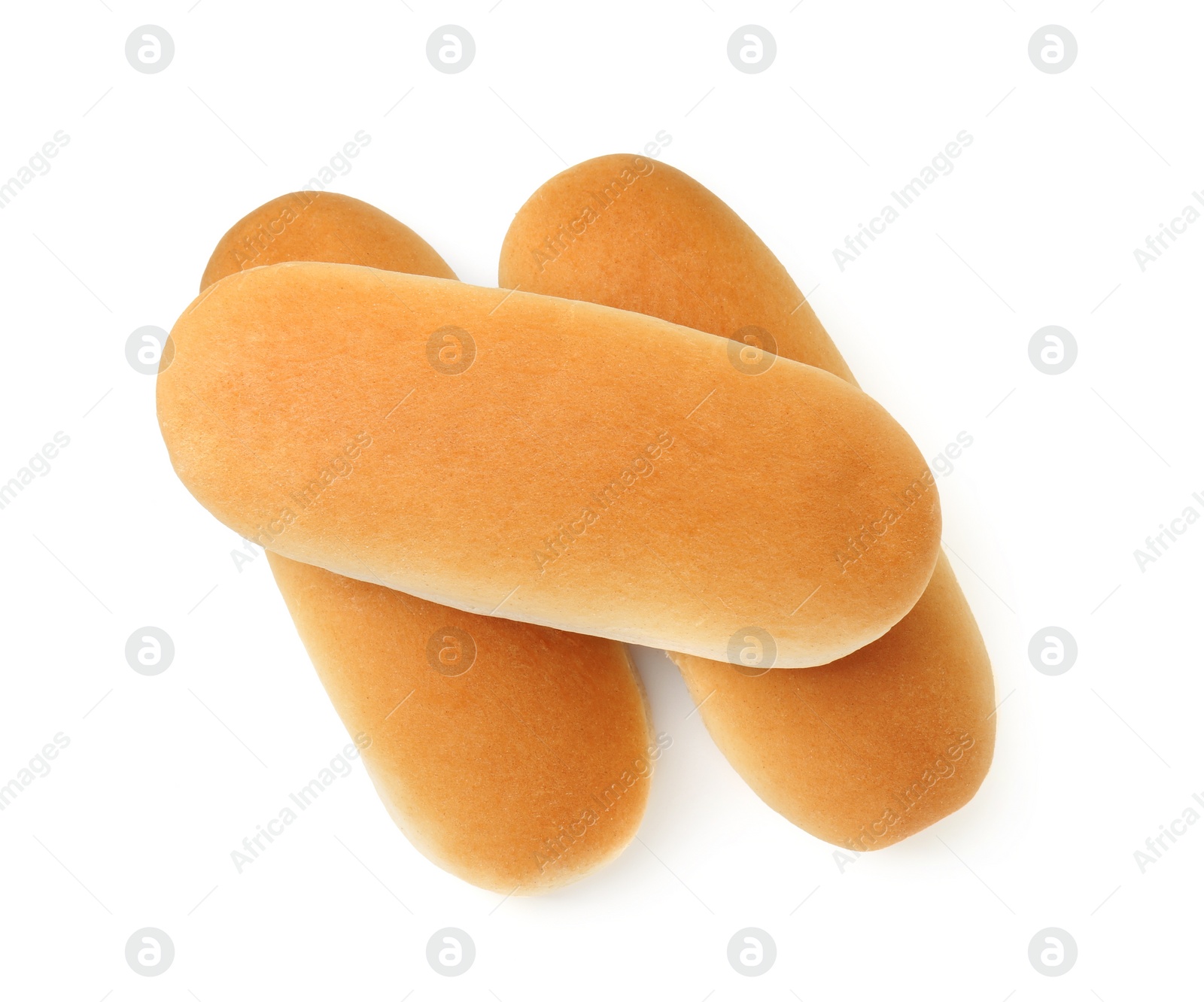 Photo of Three fresh hot dog buns isolated on white, top view