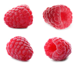 Image of Set of fresh ripe raspberries on white background