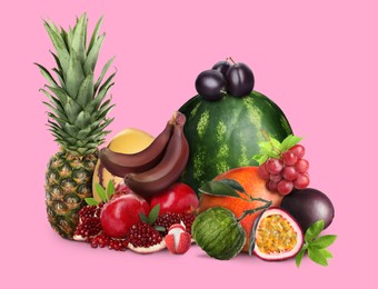 Image of Many different fresh fruits on pink background