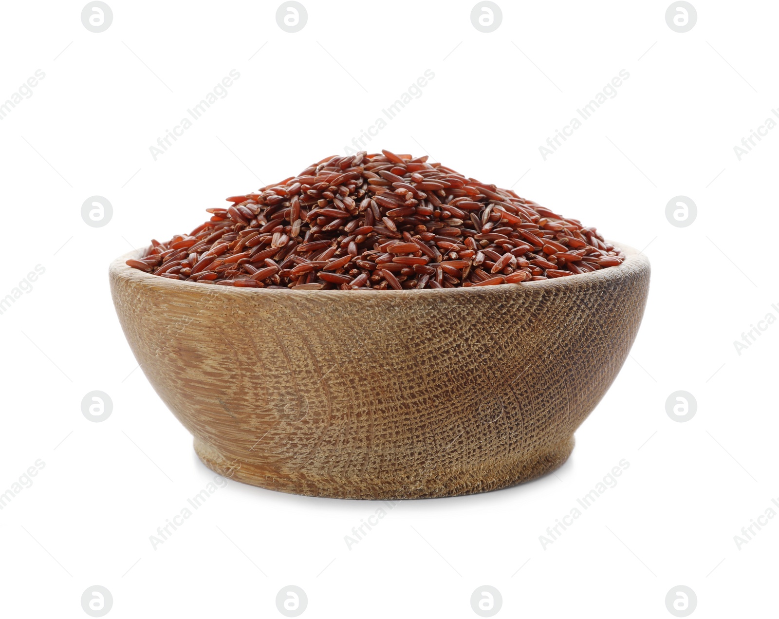 Photo of Wooden bowl with brown rice on white background