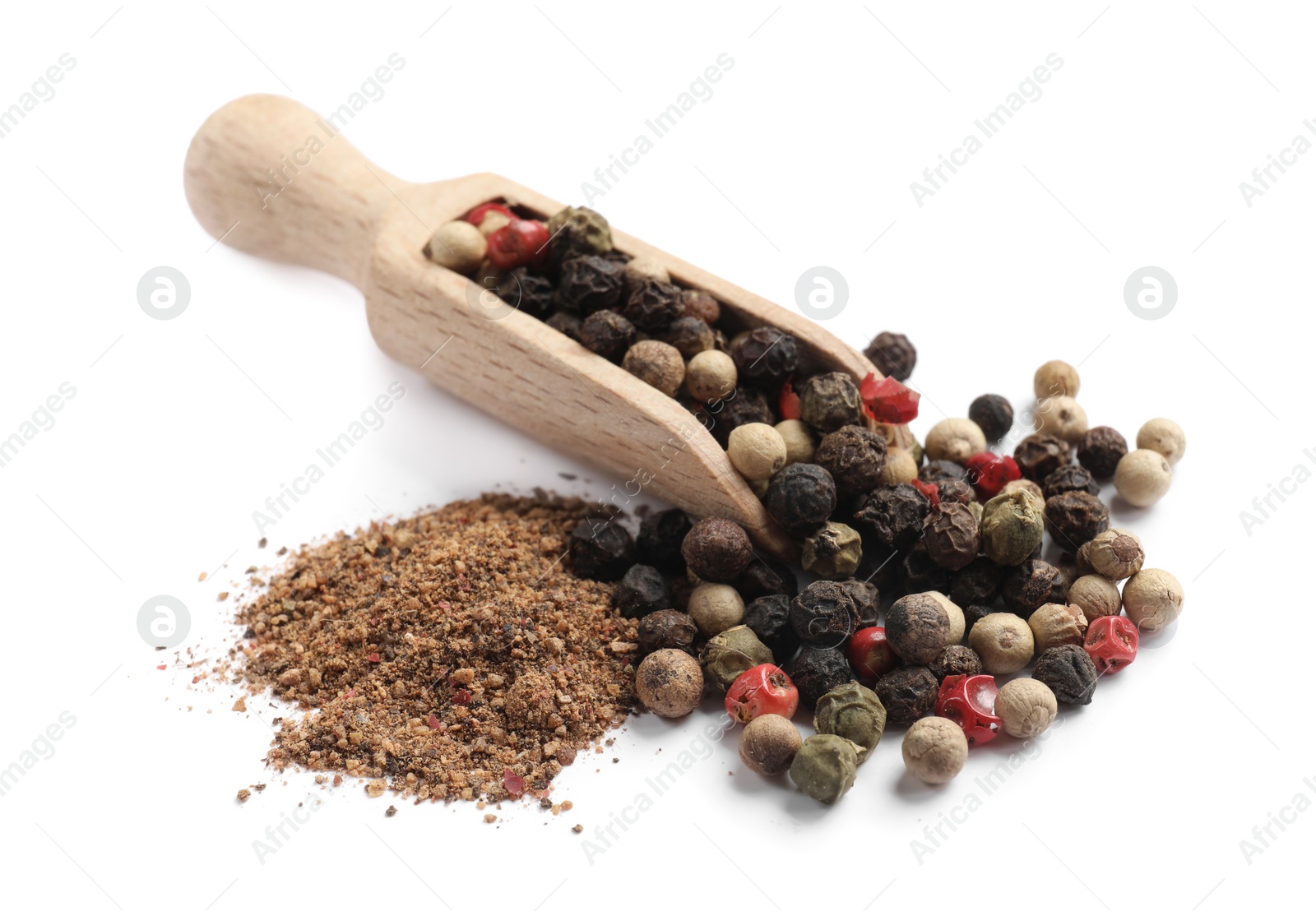 Photo of Aromatic spices. Different ground and whole peppers with wooden scoop isolated on white