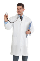 Photo of Portrait of doctor with clipboard and stethoscope on white background
