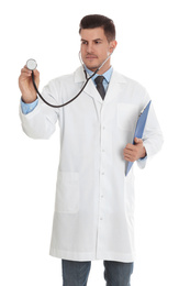 Portrait of doctor with clipboard and stethoscope on white background